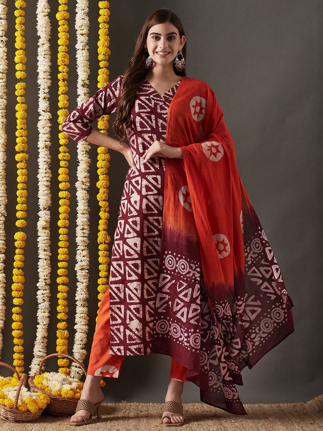 

KALINI Geometric Printed Straight Kurta With Trousers & Dupatta, Maroon