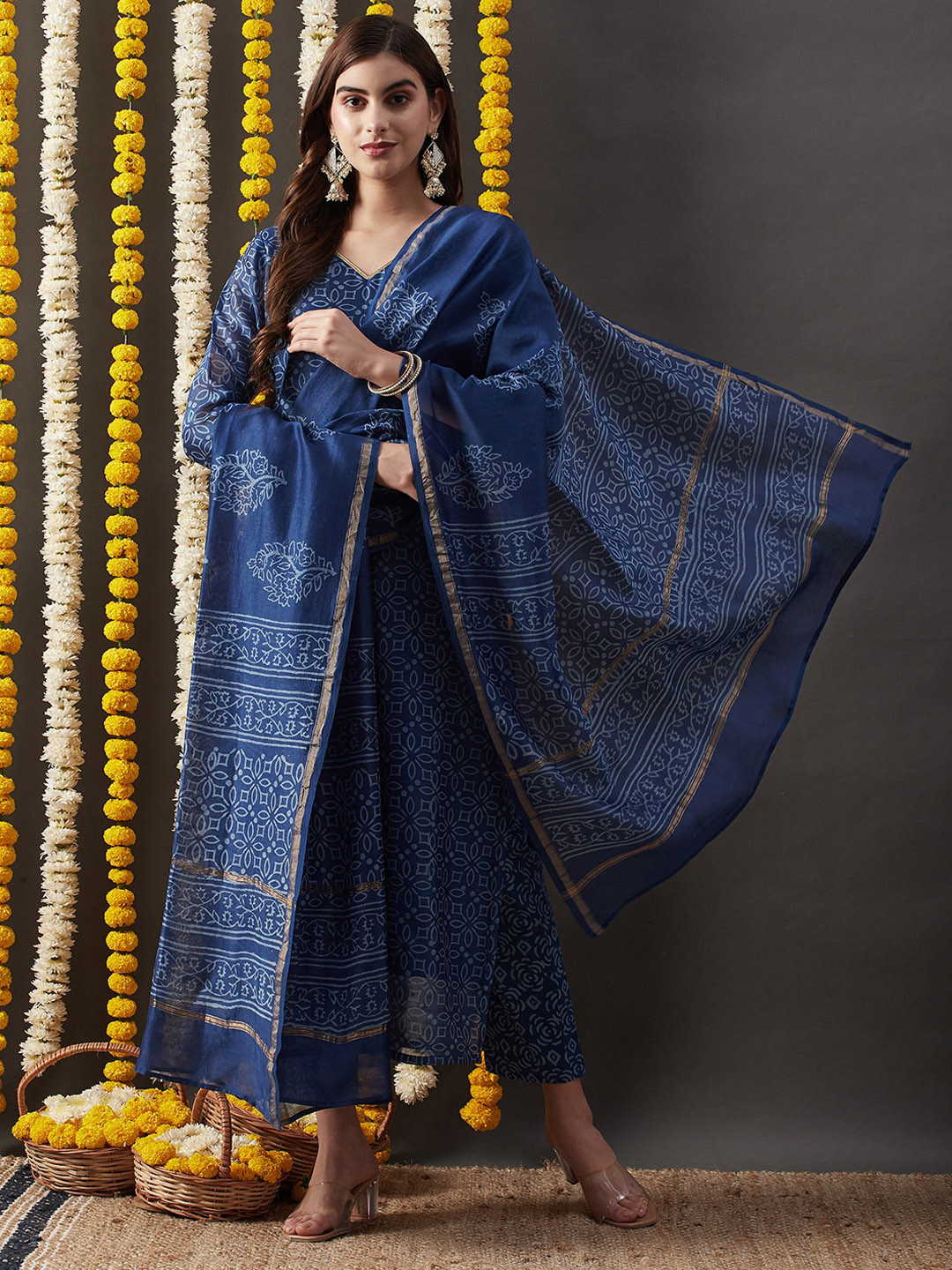 

KALINI Ethnic Motifs Printed Straight Kurta With Trousers & Dupatta, Blue