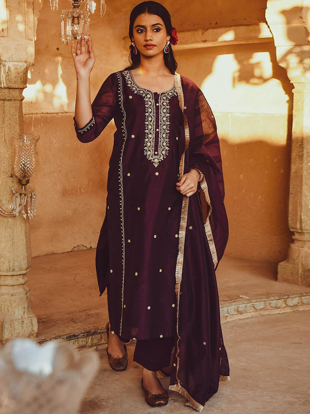 

KALINI Ethnic Motifs Embroidered Thread Work Detail Straight Kurta & Trouser With Dupatta, Brown