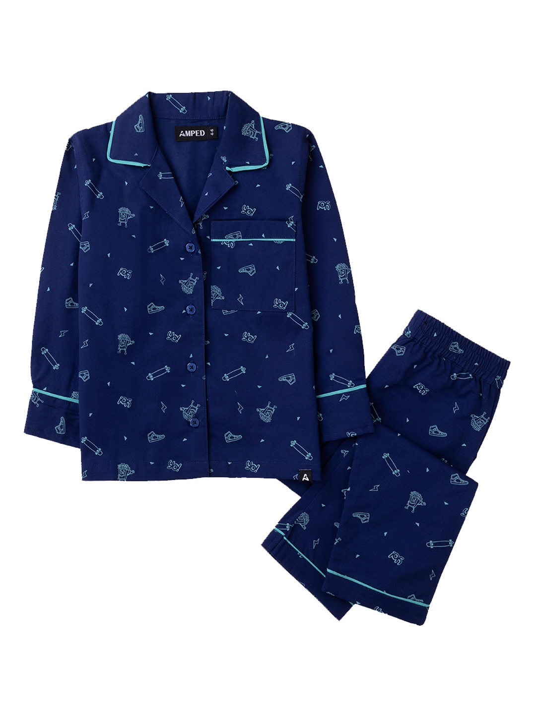 

AMPED Boys Conversational Printed Pure Cotton Shirt & Pyjamas, Blue