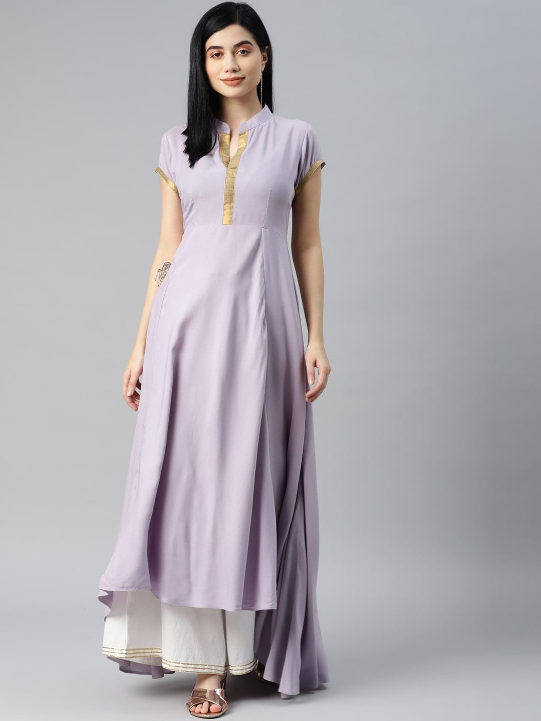 

KALINI Mandarin Collar High-Low Anarkali Kurta, Lavender