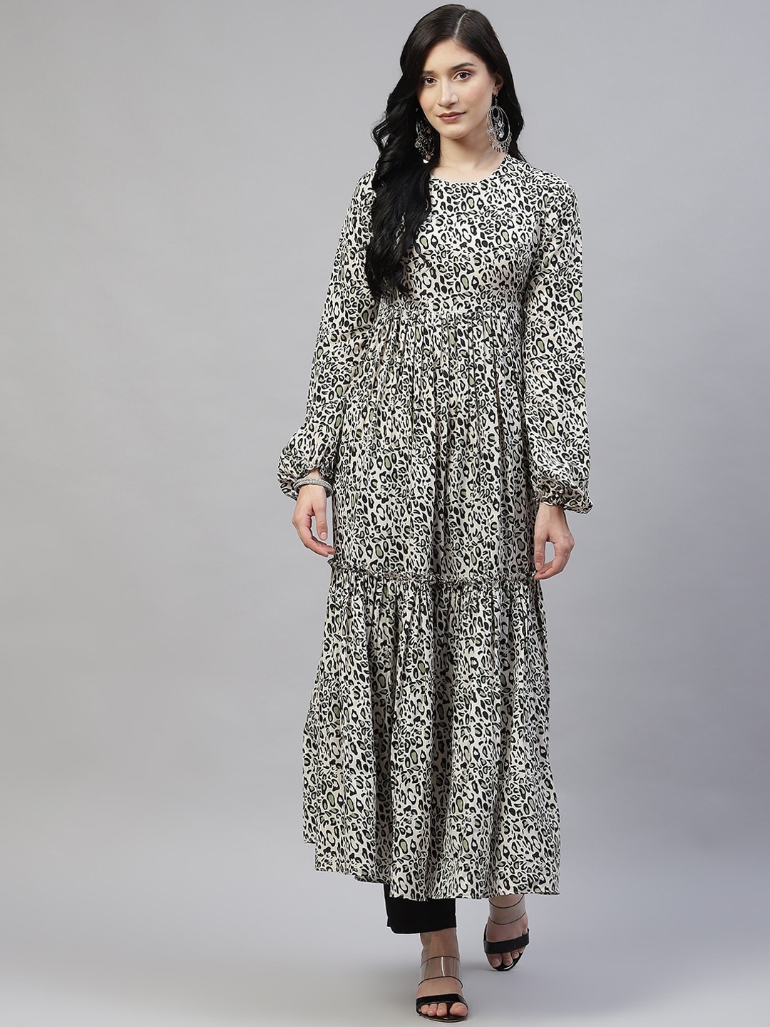 

KALINI Animal Printed Puff Sleeves Pleated Anarkali Kurta, Beige