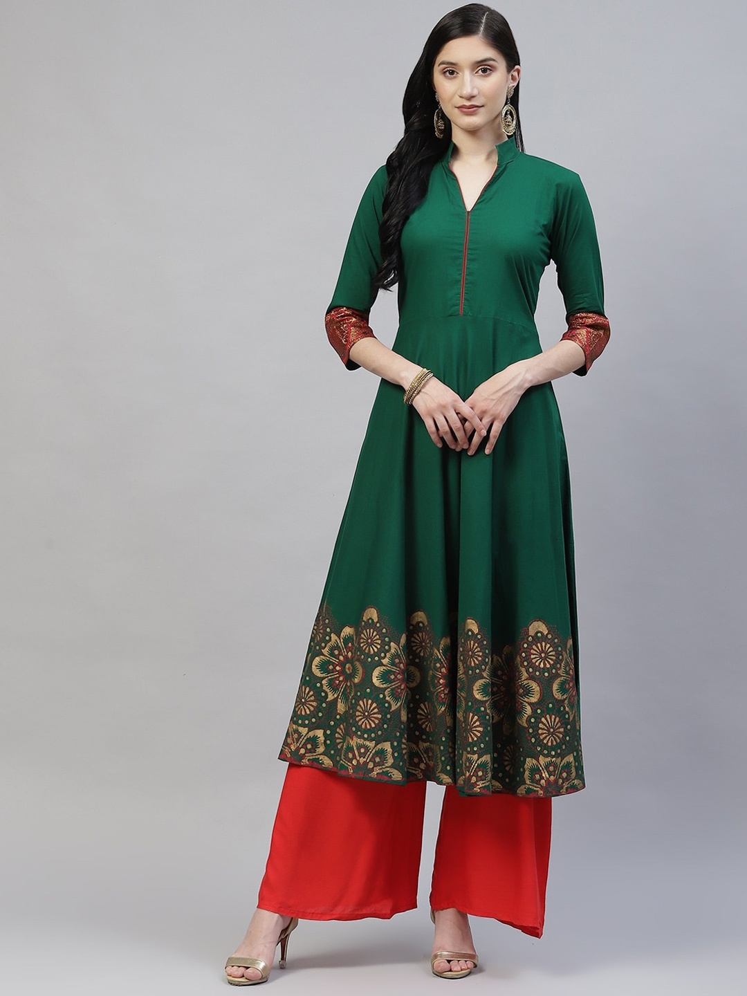 

KALINI Floral Printed Mandarin Collar Block Print Cotton Anarkali Kurta, Green