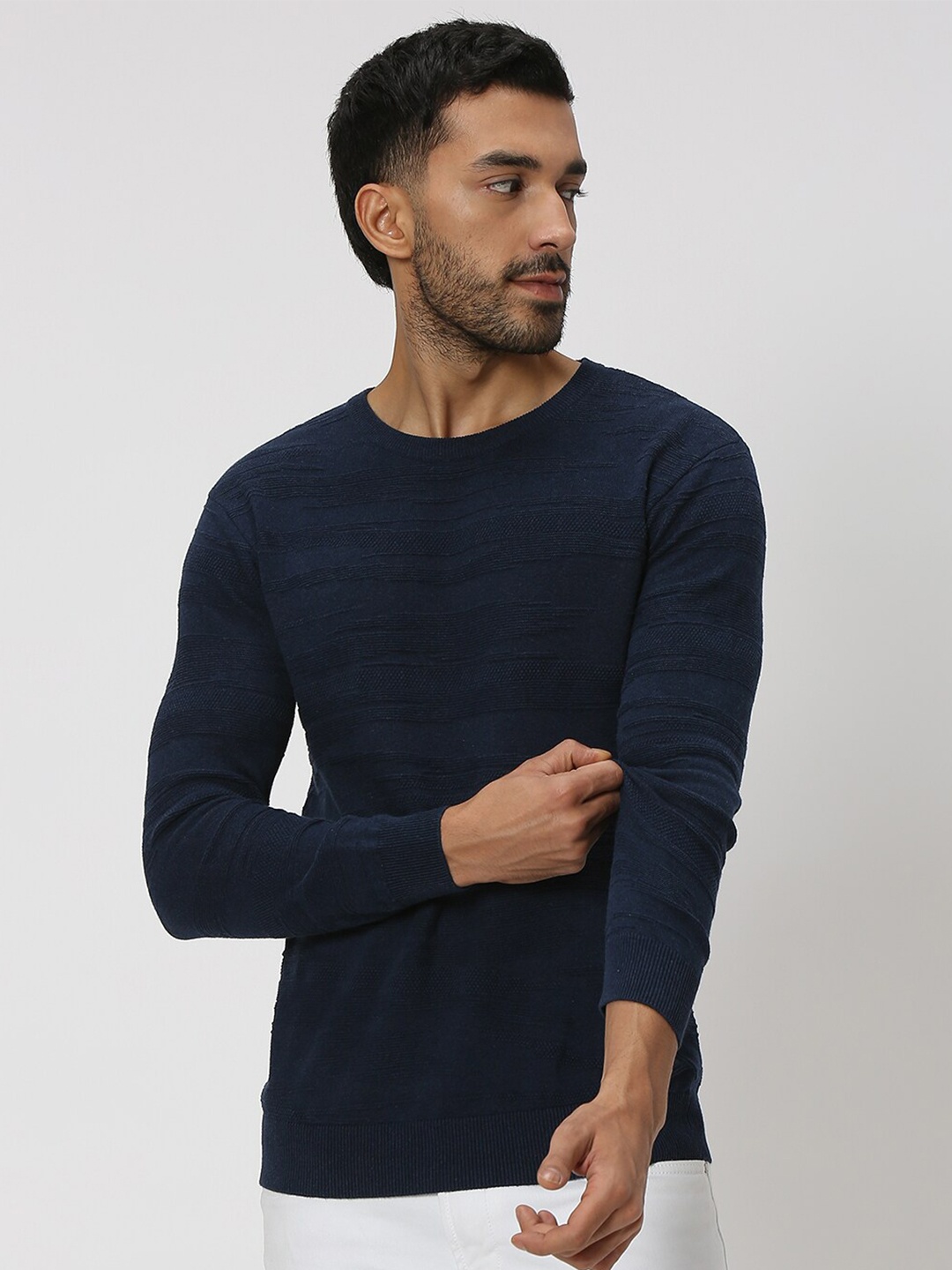 

Mufti Self Design Textured Slim Fit Cotton T-shirt, Navy blue