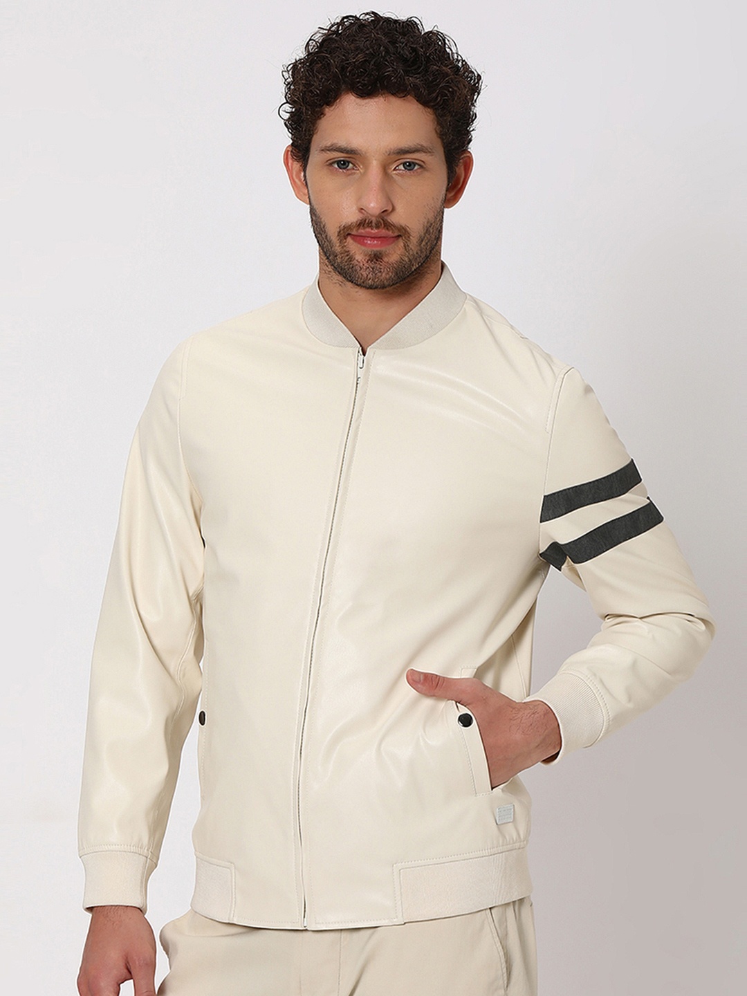 

Mufti Mock Collar Slim Fit Biker Jacket, Off white