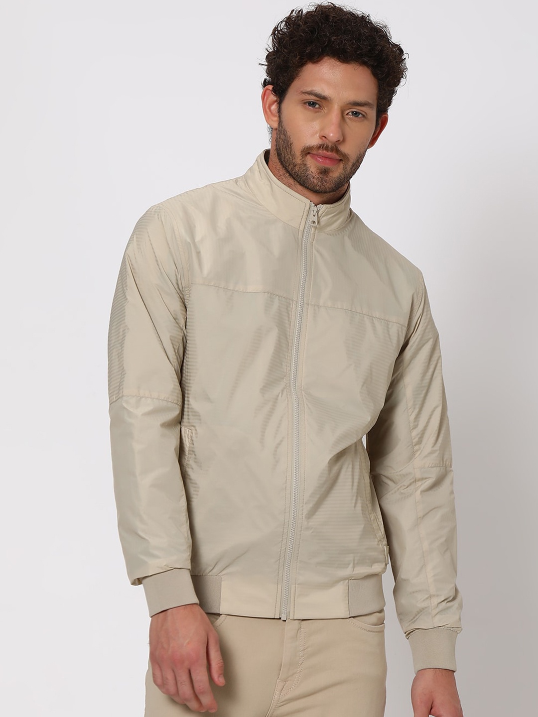 

Mufti Striped Lightweight Stand Collar Slim Fit Biker Jacket, Beige