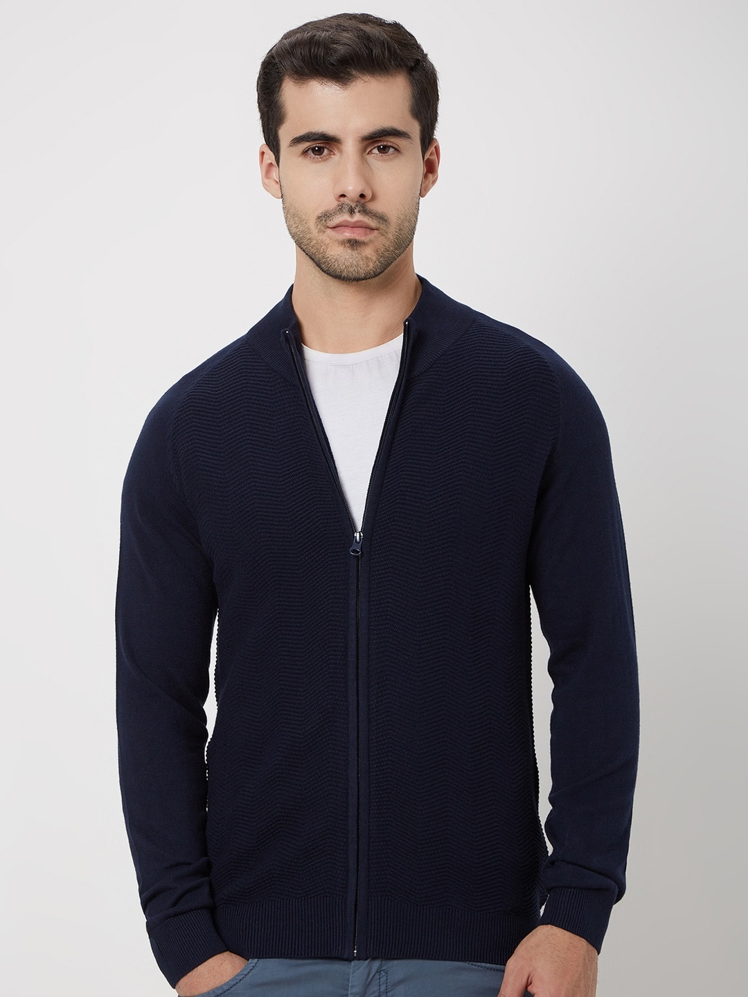 

Mufti Chevron Self Design Mock Collar Pure Cotton Front-Open Sweater, Navy blue