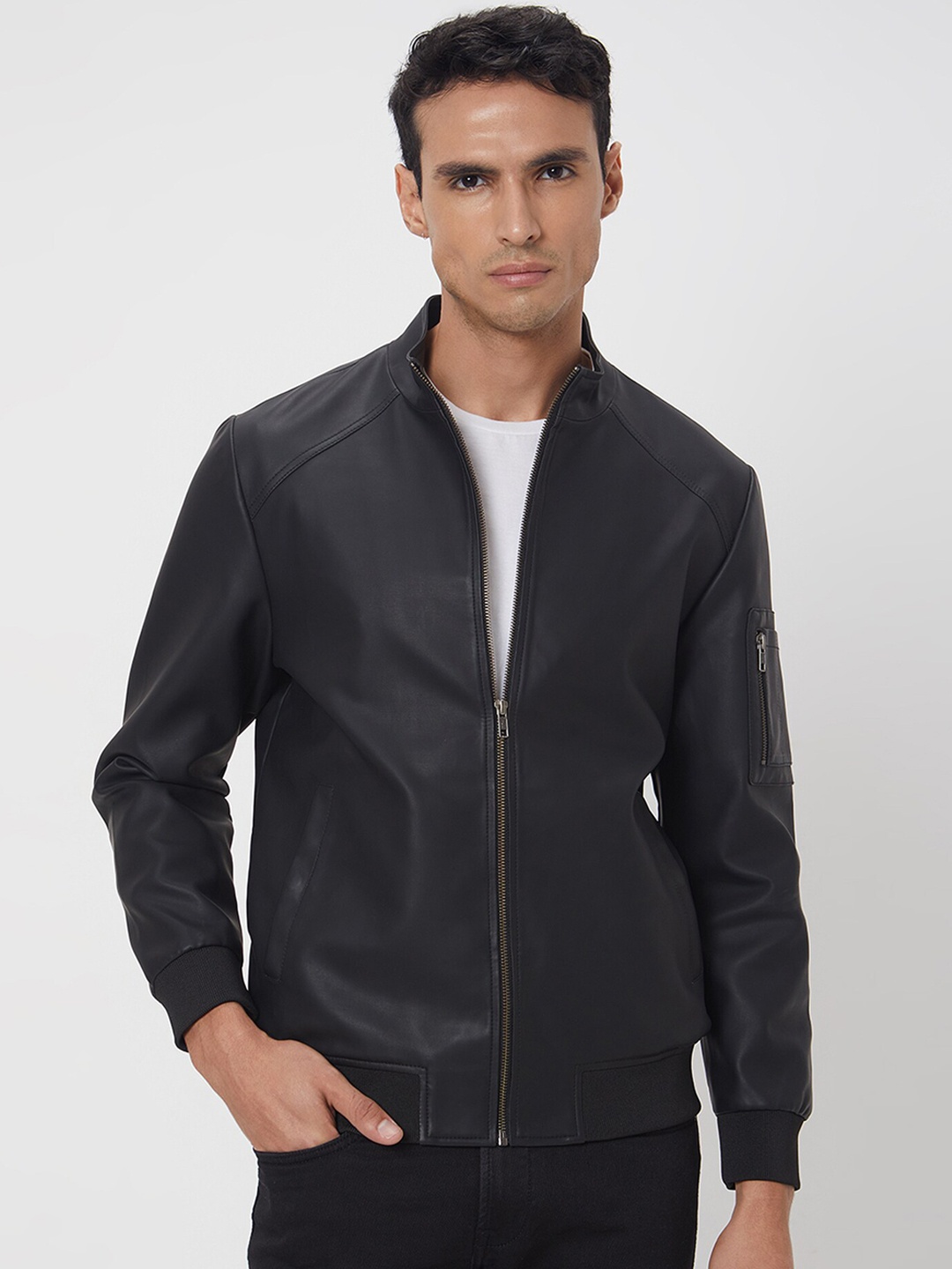 

Mufti Stand Collar Slim Fit Biker Jacket, Black