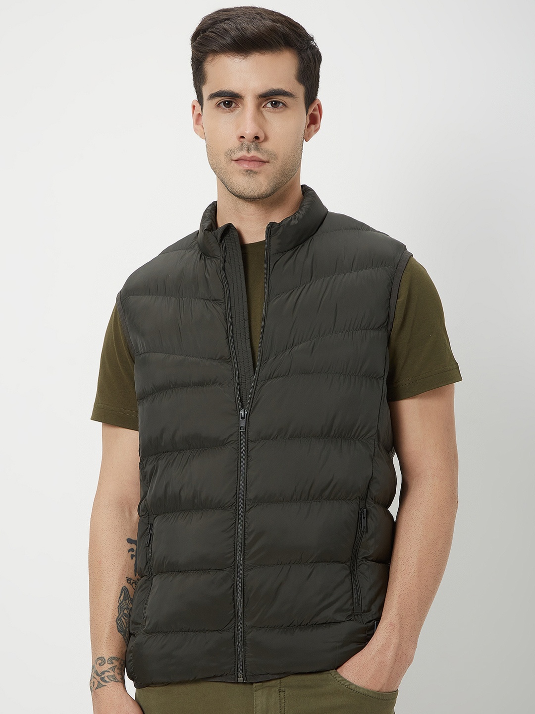 

Mufti Stand Collar Sleeveless Slim Fit Puffer Jacket, Olive