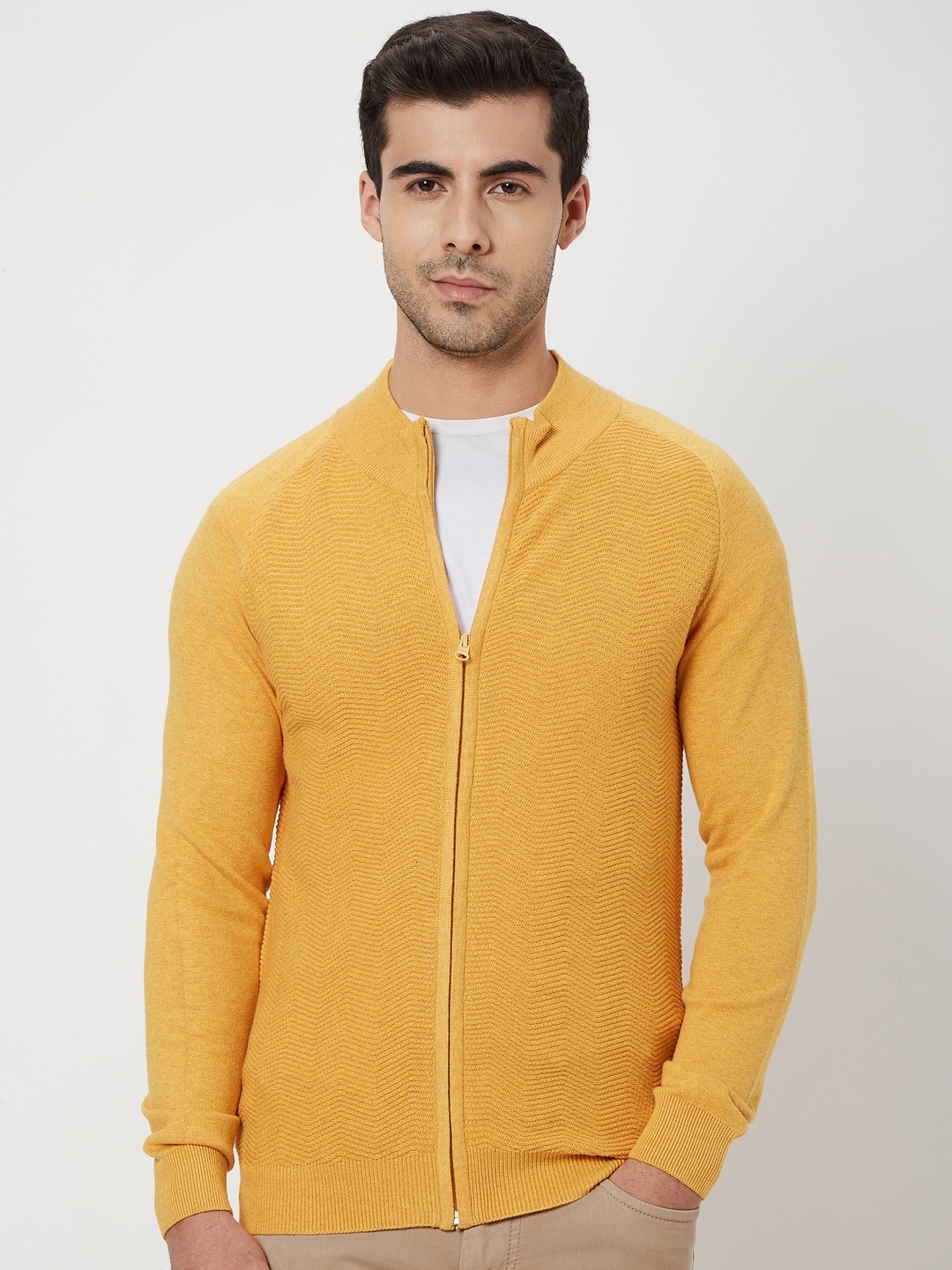 

Mufti Chevron Self Design Mock Collar Pure Cotton Front-Open Sweater, Yellow