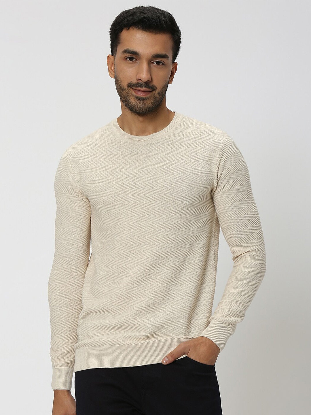 

Mufti Slim Fit Self Designed Long Sleeves Flat Knit Pure Cotton T-shirt, Off white