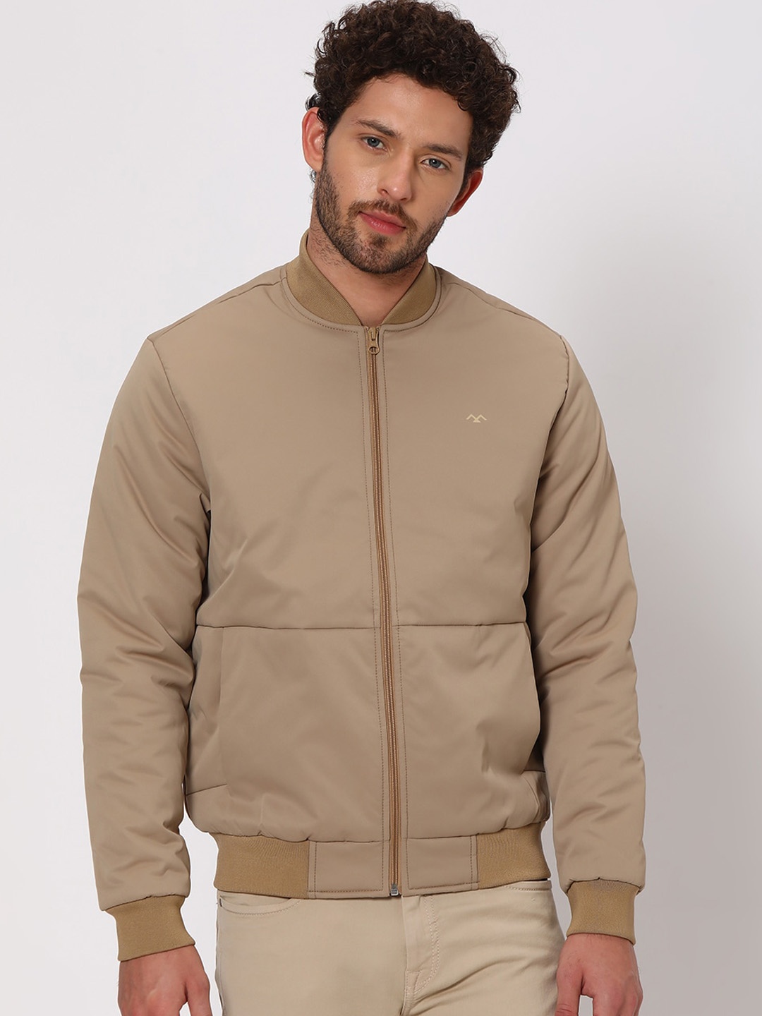 

Mufti Stand Collar Long Sleeves Bomber Jacket, Beige