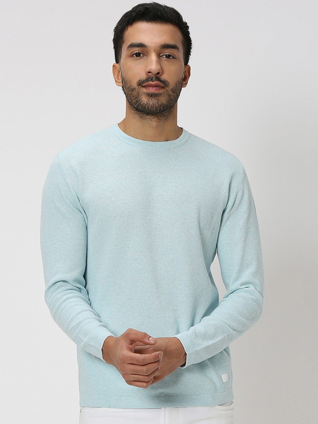 

Mufti Slim Fit Self Designed Long Sleeves Flat Knit Pure Cotton T-shirt, Blue
