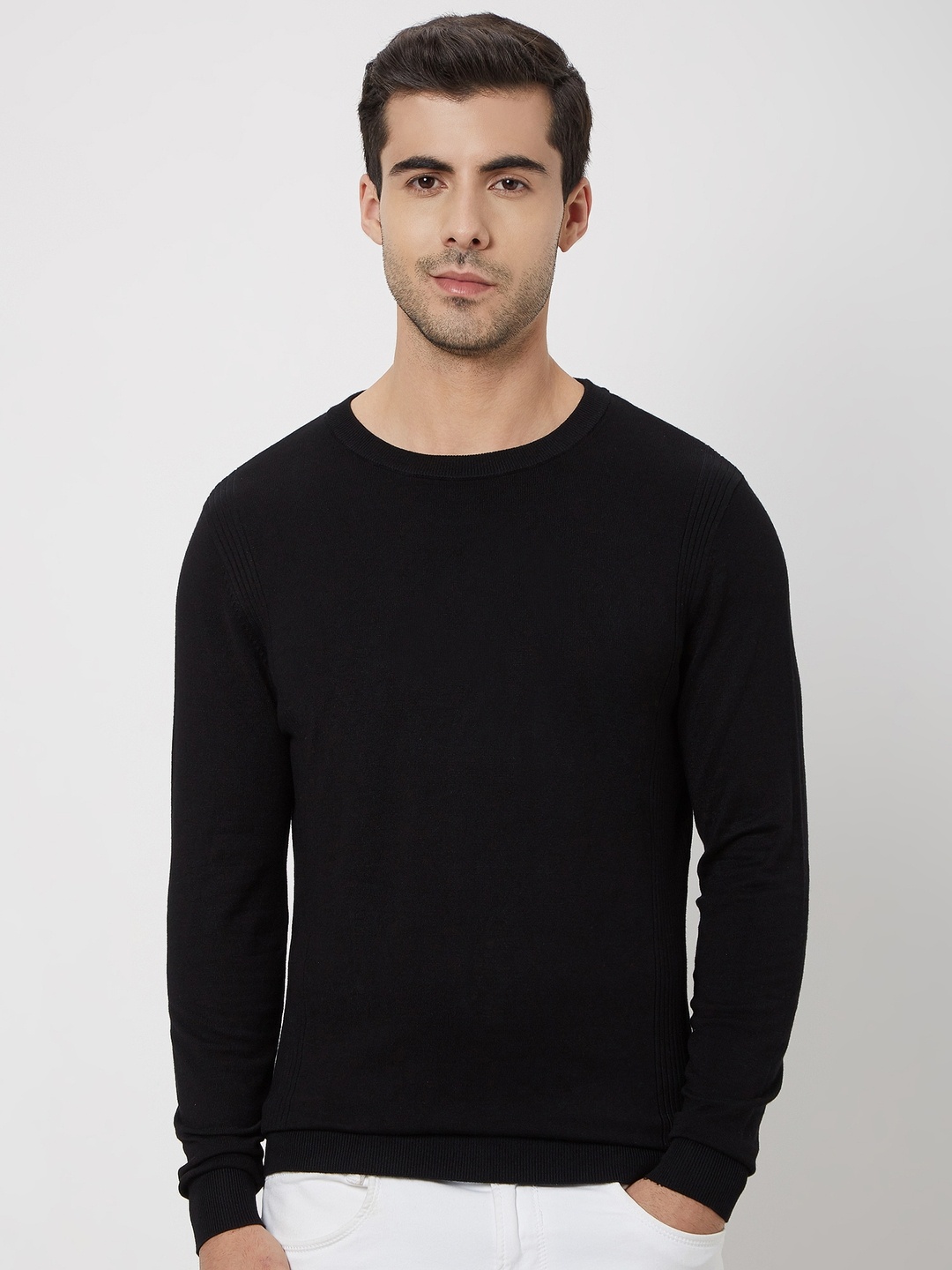 

Mufti Slim Fit Self Designed Long Sleeves Flat Knit T-shirt, Black