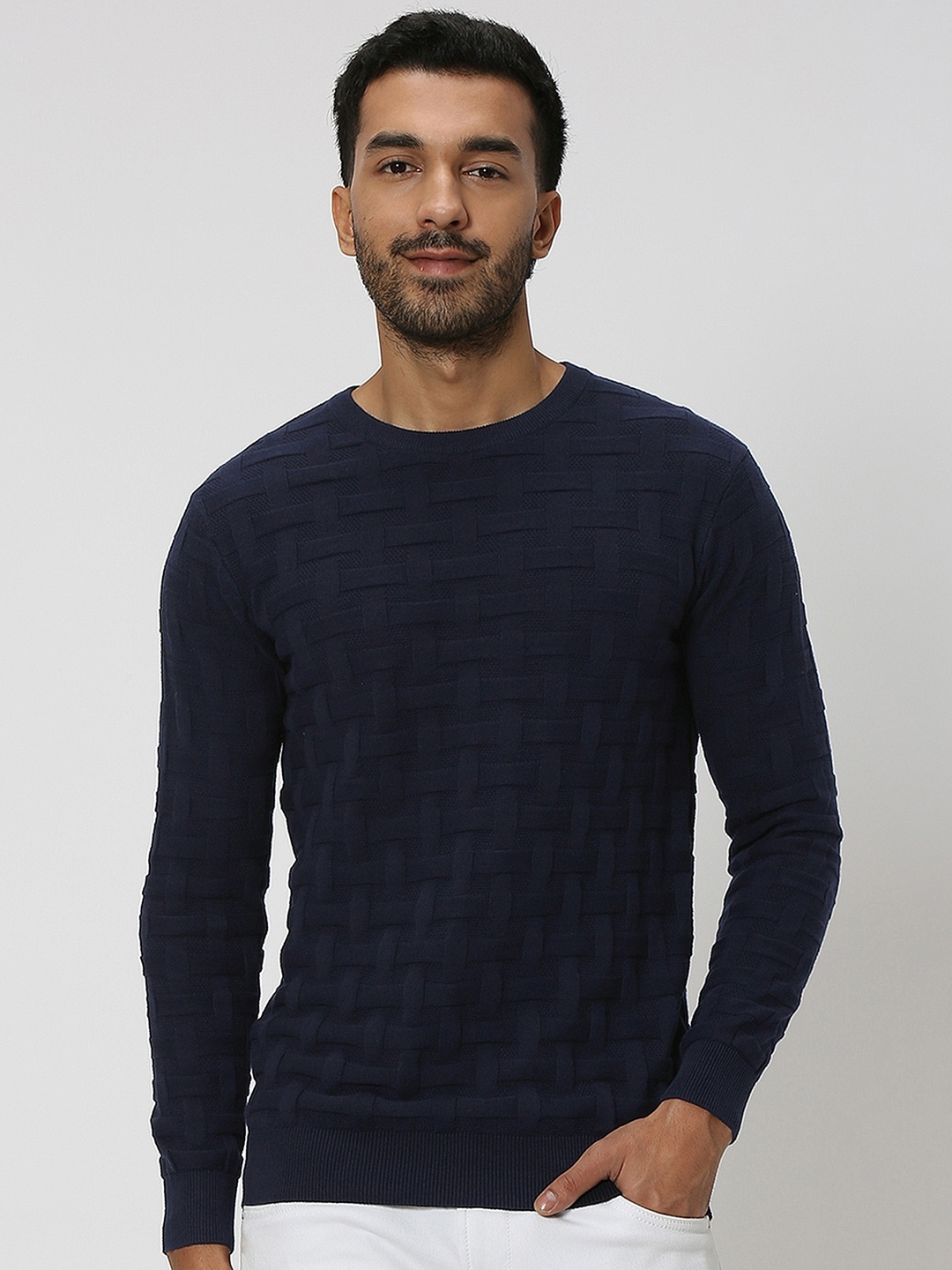 

Mufti Slim Fit Self Designed Long Sleeves Flat Knit Pure Cotton T-shirt, Navy blue