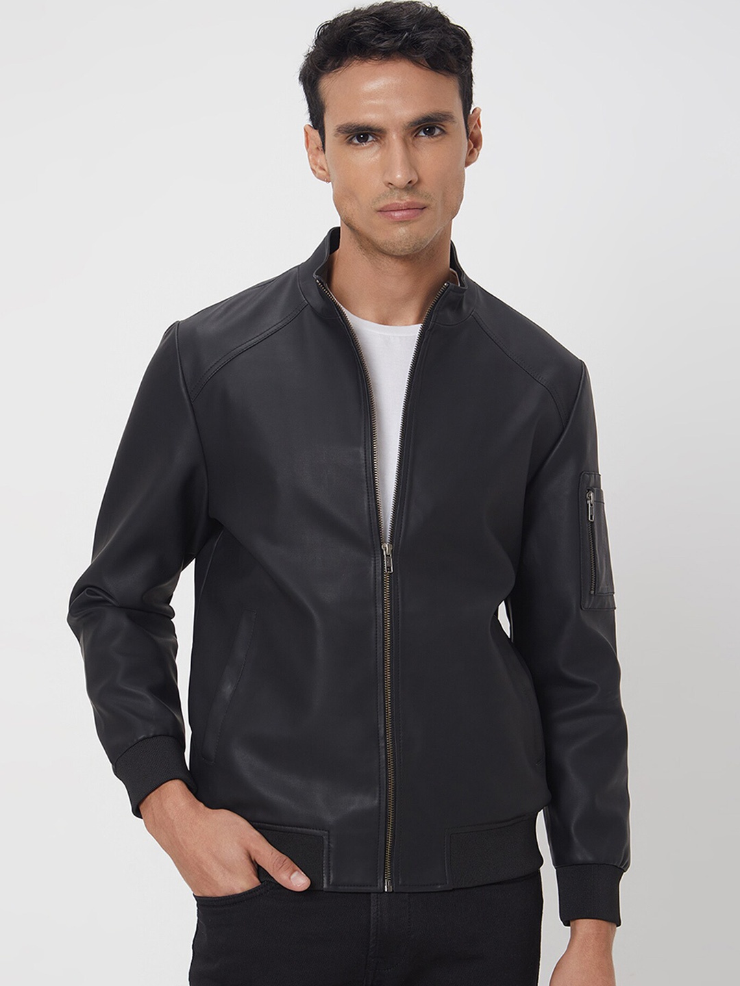 

Mufti Mock Collar Long Sleeves Leather Jacket, Black