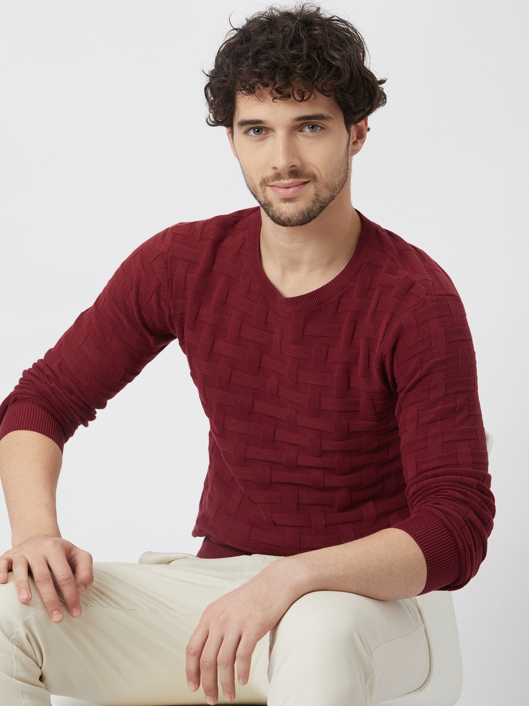 

Mufti Slim Fit Self Designed Long Sleeves Flat Knit Pure Cotton T-shirt, Maroon