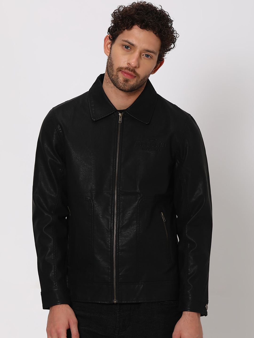 

Mufti Brand logo Embossed Long Sleeves Faux Leather Jacket, Black
