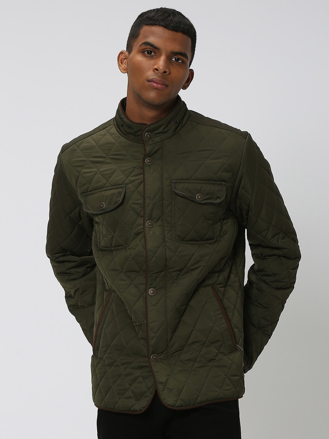 

Mufti Mandarin Collar Slim Fit Quilted Jacket, Olive