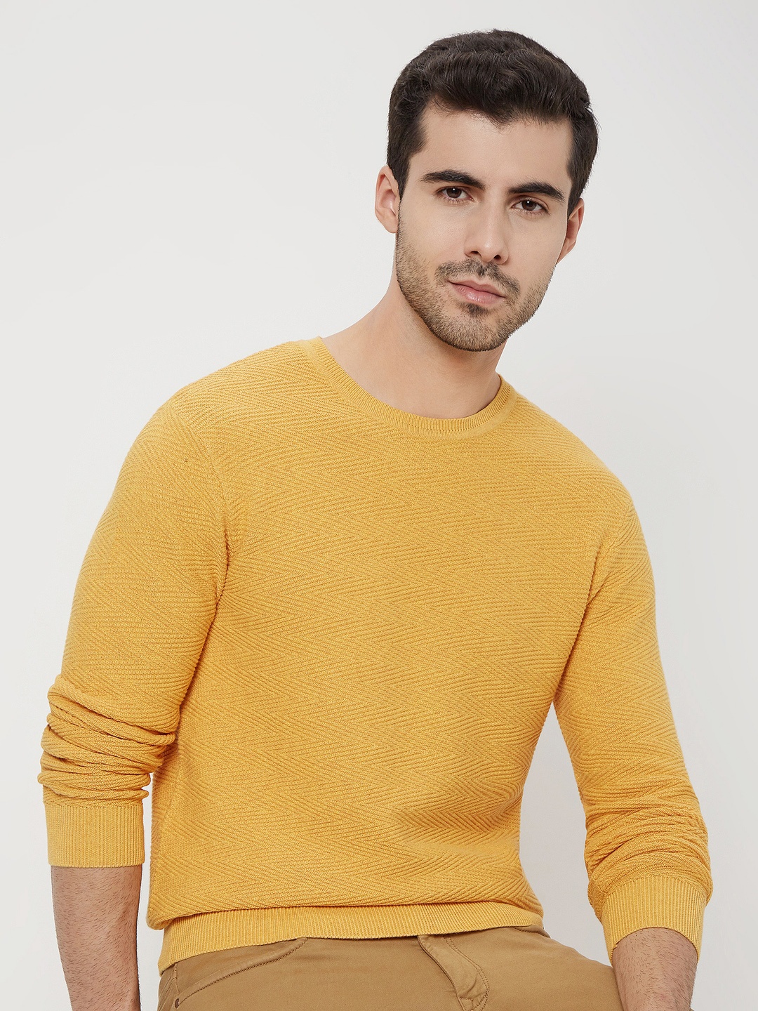 

Mufti Slim Fit Self Design Pure Cotton T-shirt, Mustard