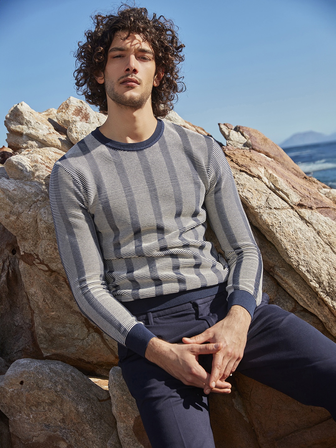 

Mufti Striped Pure Cotton Pullover, Navy blue