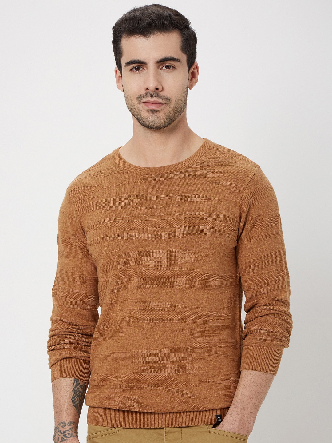 

Mufti Slim Fit Self Design Pure Cotton T-shirt, Khaki