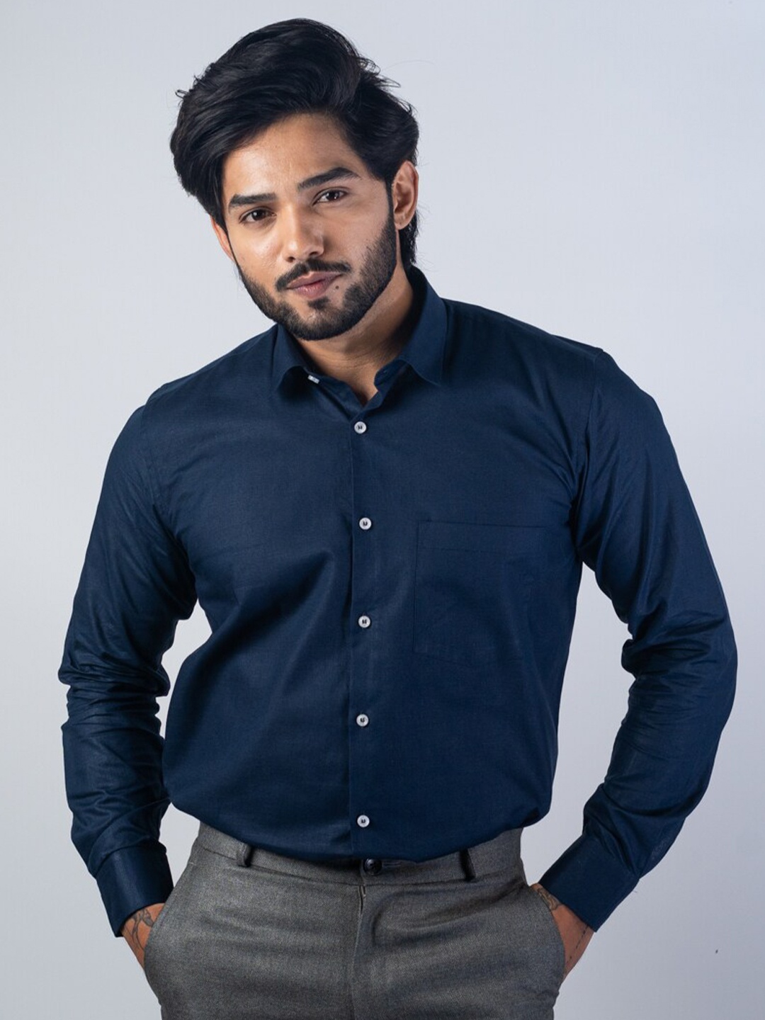 

Punekar Cotton Classic Fit Spread Collar Pure Cotton Formal Shirt, Navy blue
