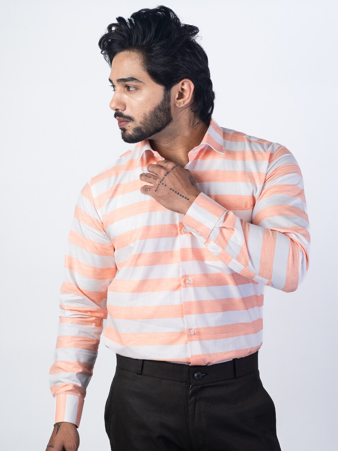 

Punekar Cotton Classic Fit Horizontal Striped Spread Collar Formal Shirt, Orange