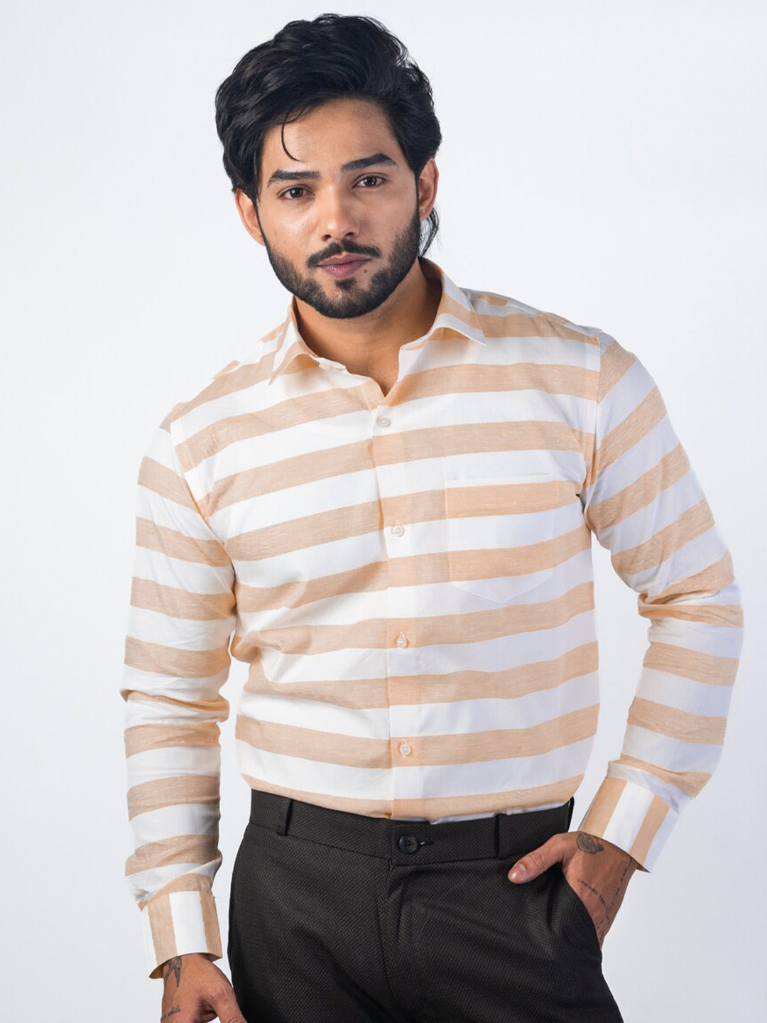 

Punekar Cotton Classic Fit Horizontal Striped Spread Collar Formal Shirt, Tan