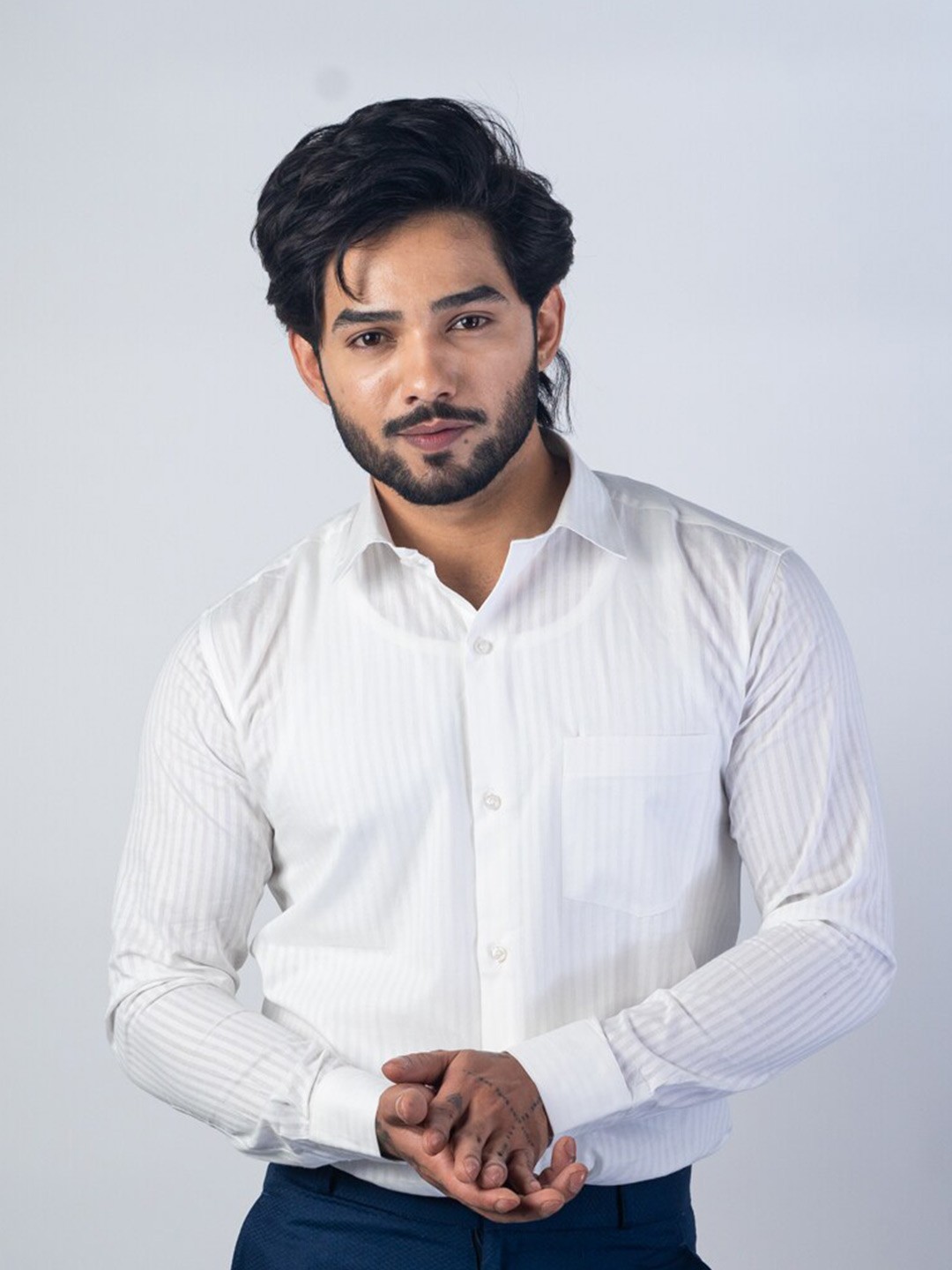 

Punekar Cotton Vertical Striped Classic Formal Shirt, White