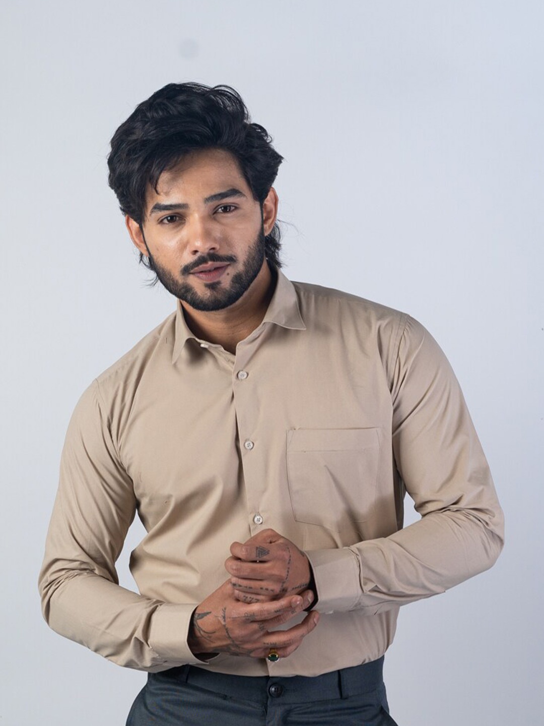 

Punekar Cotton Spread Collar Classic Twill Formal Shirt, Beige