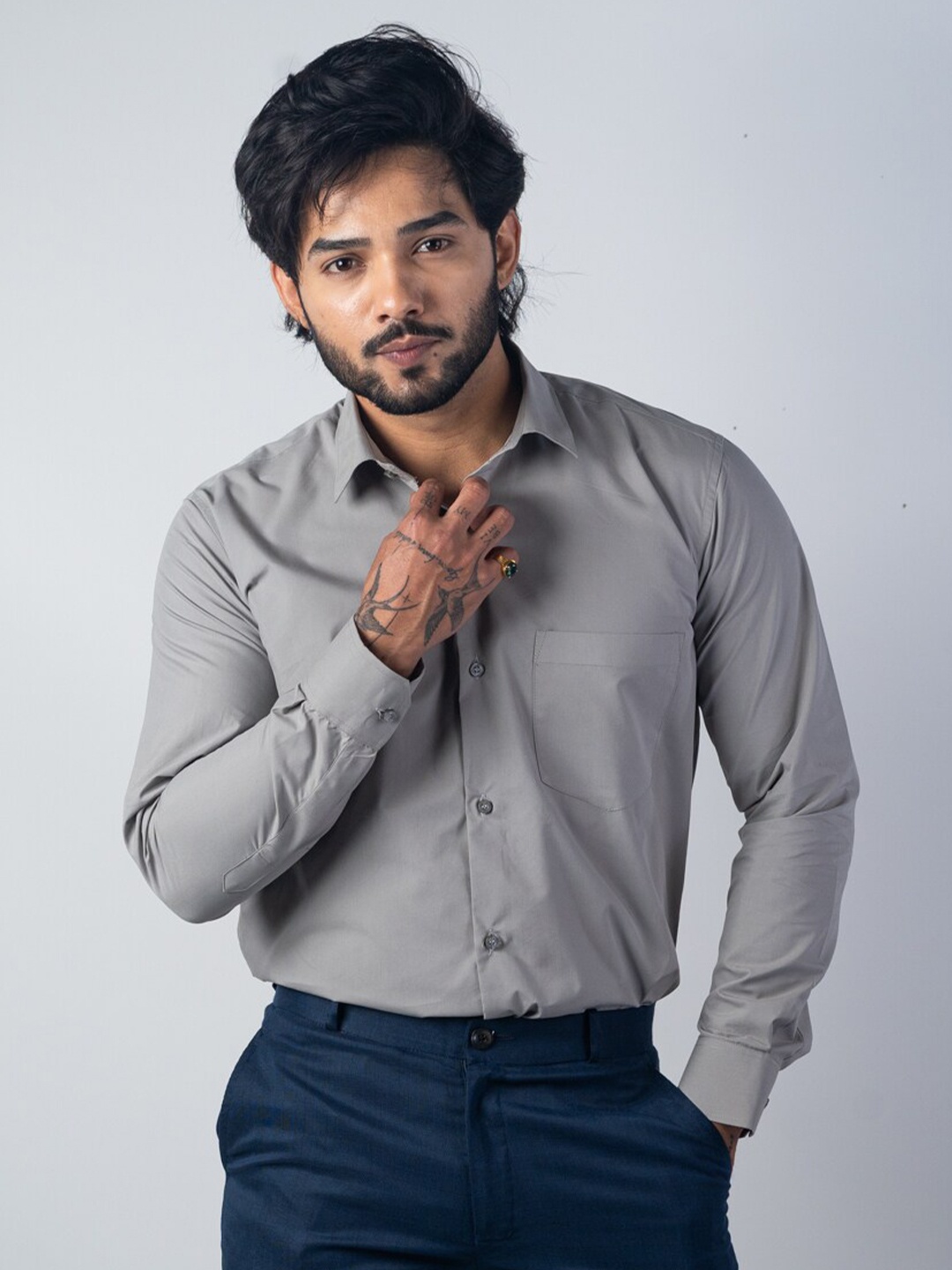 

Punekar Cotton Spread Collar Classic Twill Formal Shirt, Grey