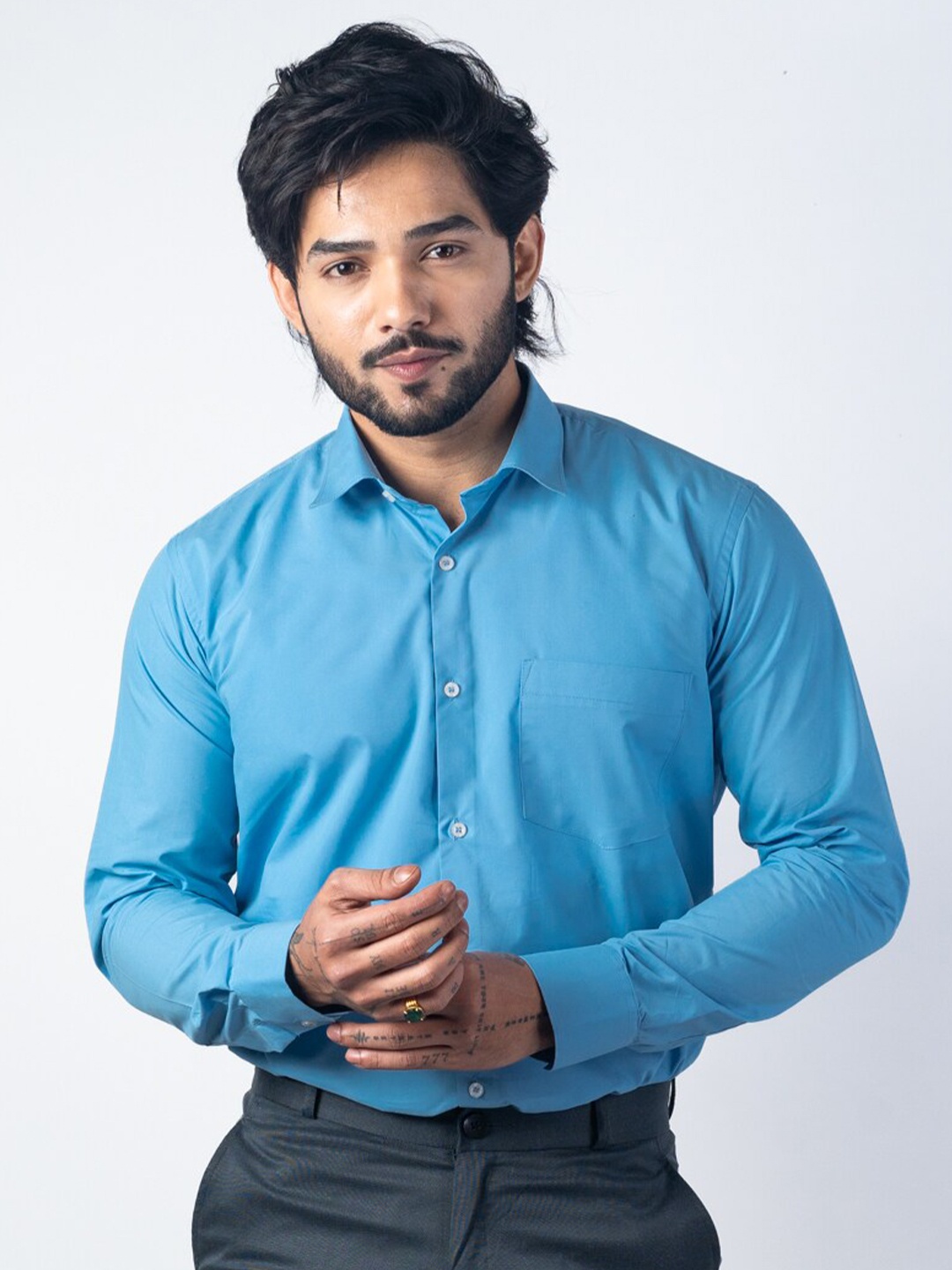 

Punekar Cotton Spread Collar Classic Twill Formal Shirt, Turquoise blue