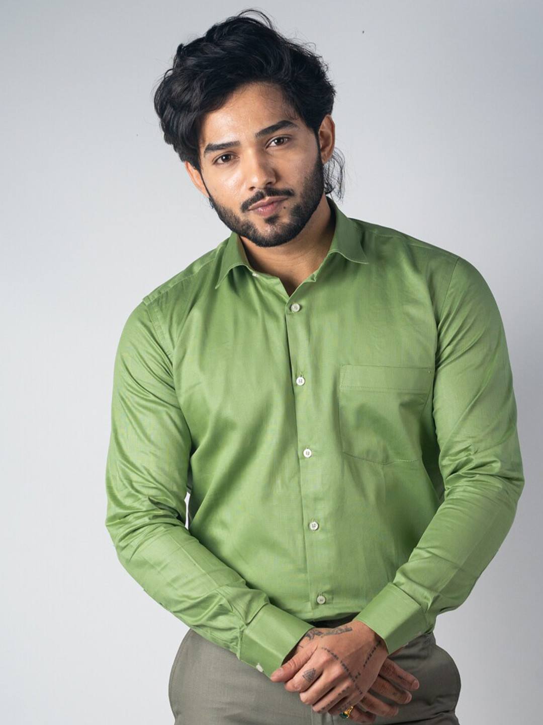 

Punekar Cotton Self Design Textured Satin Cotton Classic Formal Shirt, Green