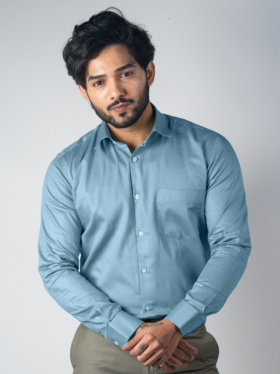 

Punekar Cotton Self Design Textured Satin Cotton Classic Formal Shirt, Blue