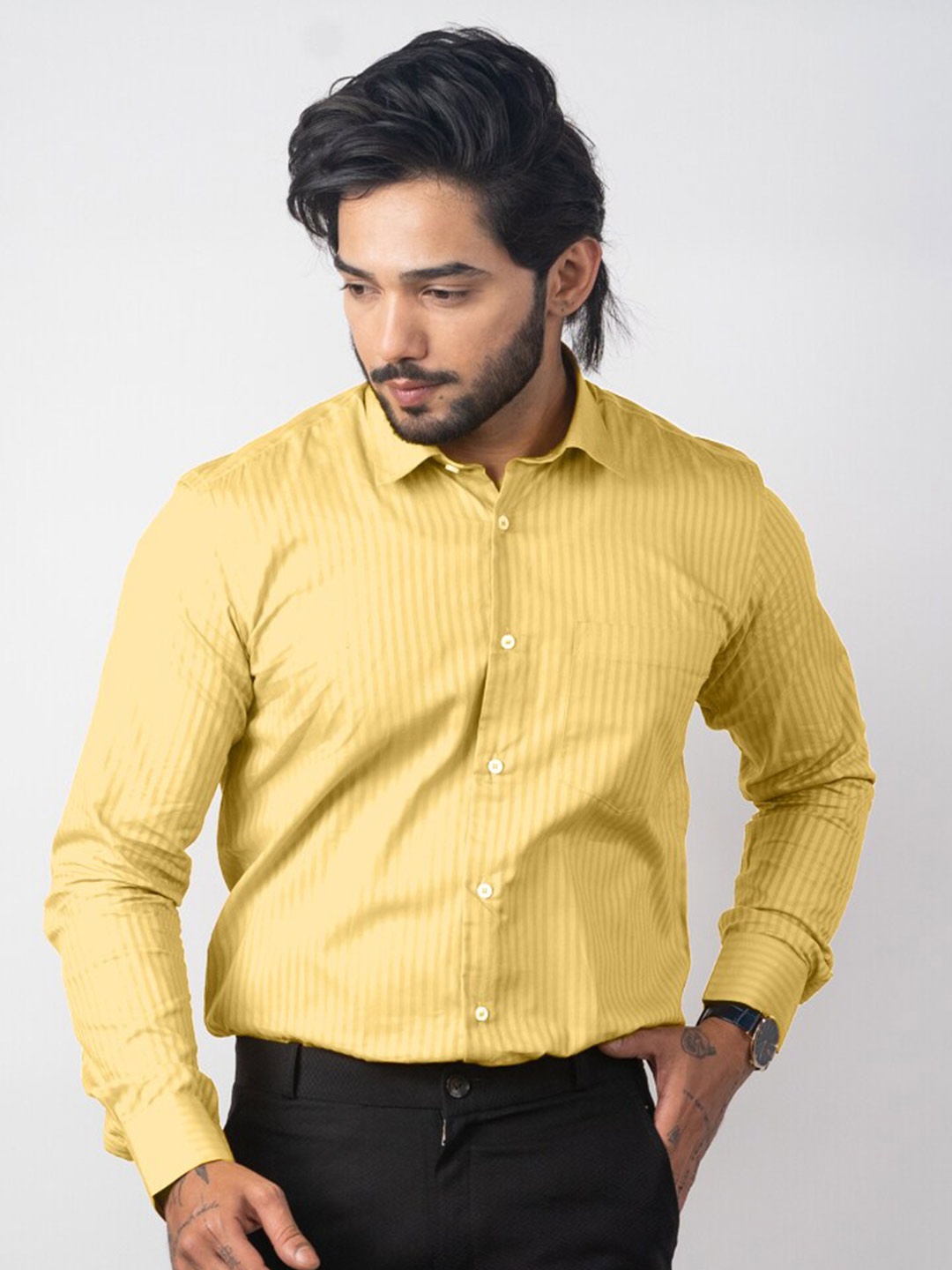 

Punekar Cotton Classic Fit Vertical Striped Spread Collar Formal Shirt, Yellow