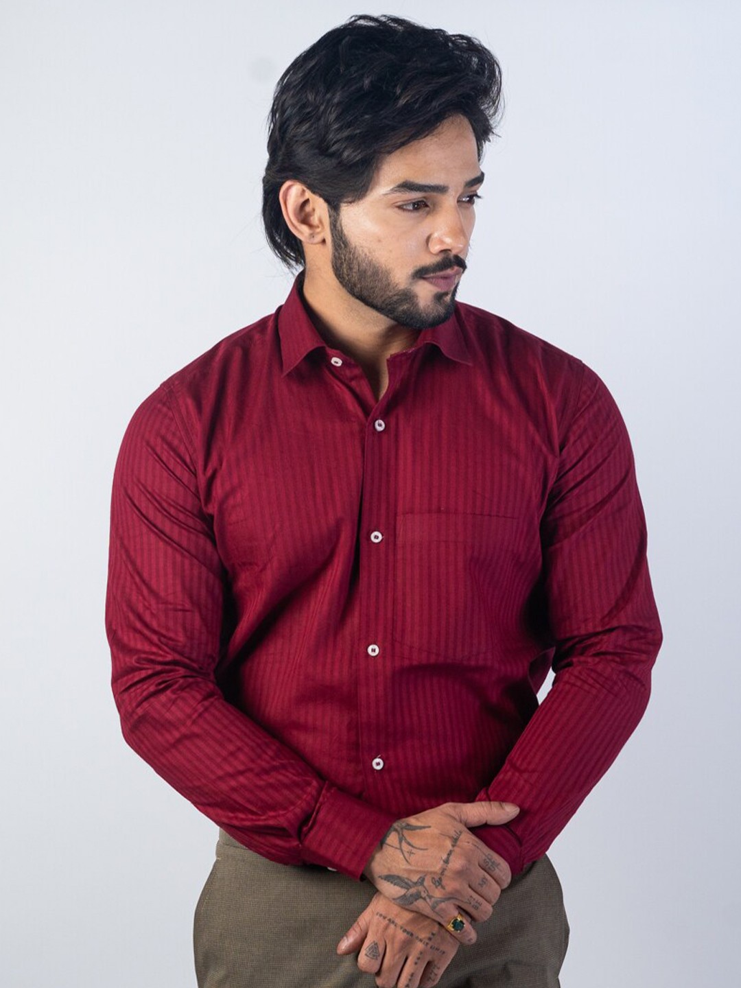 

Punekar Cotton Classic Fit Vertical Striped Spread Collar Formal Shirt, Maroon