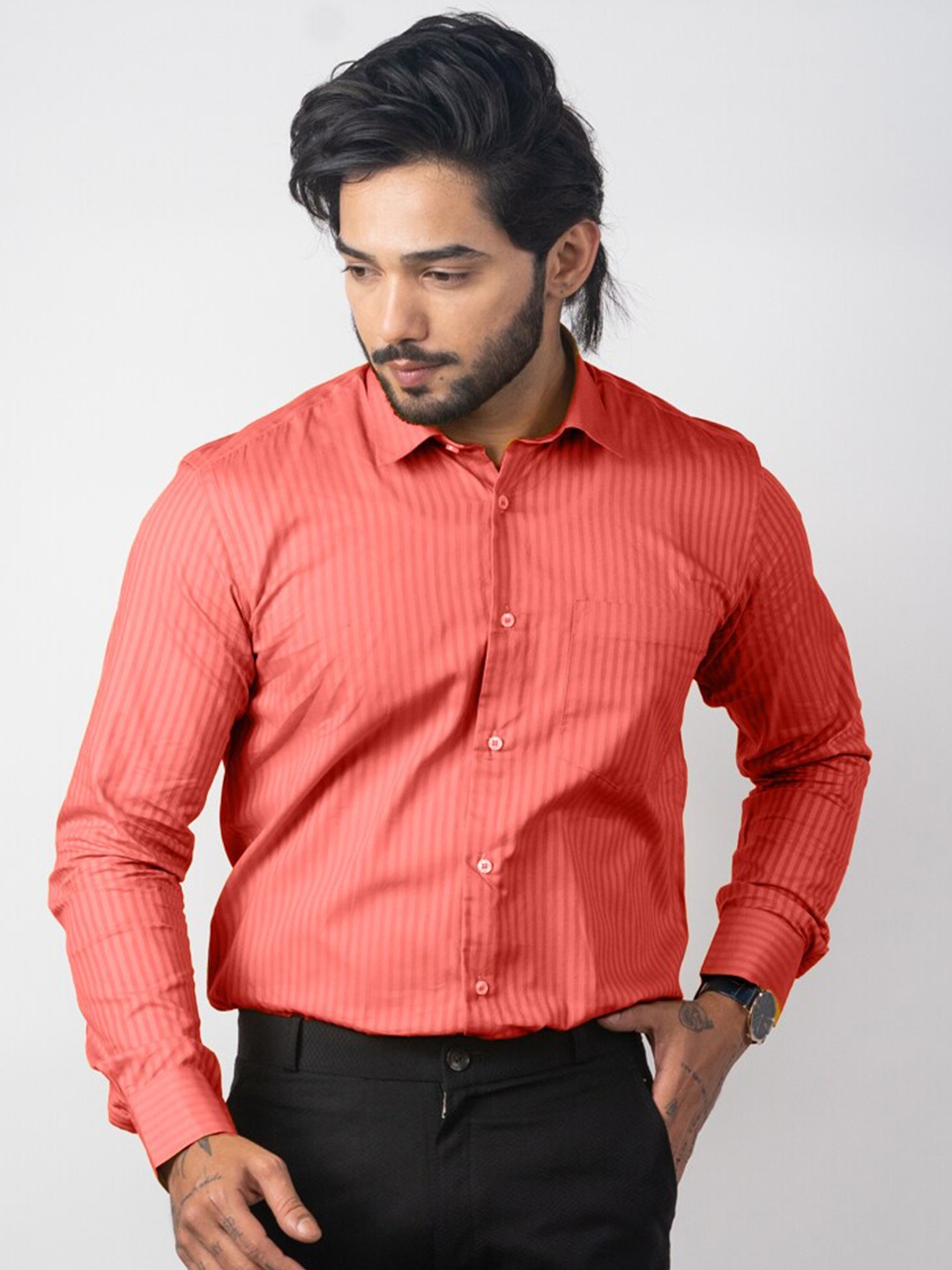 

Punekar Cotton Classic Fit Vertical Striped Spread Collar Formal Shirt, Coral