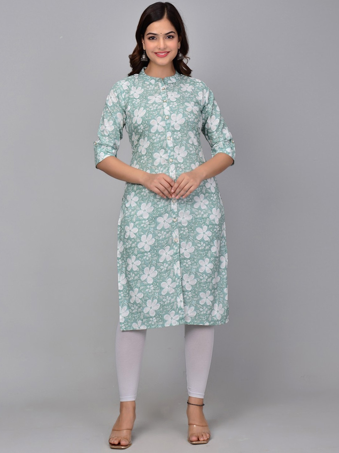 

MANKSH Floral Printed Straight Kurta, Sea green
