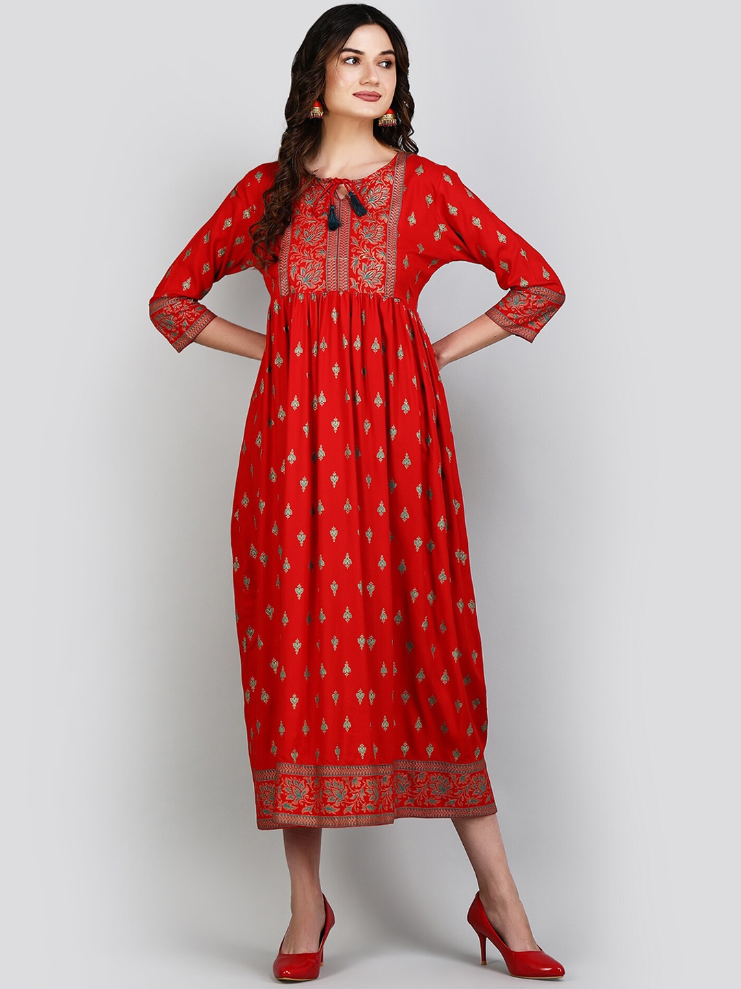 

MANKSH Ethnic Motifs Printed A-Line Kurta, Red