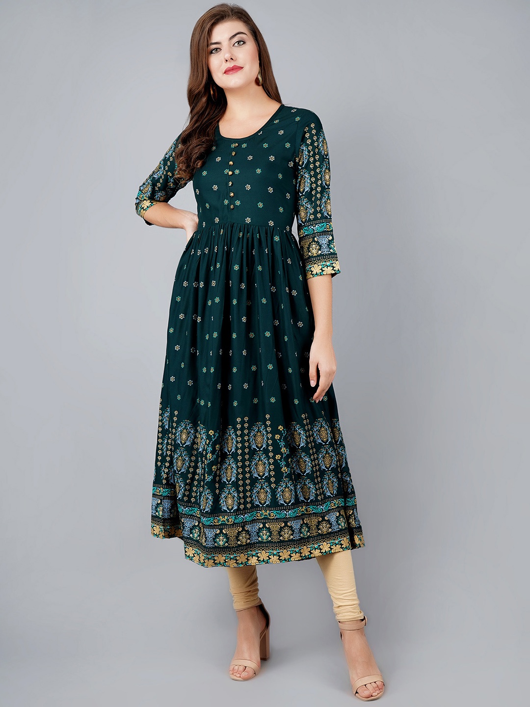 

MANKSH Ethnic Motifs Printed Pleated A-Line Kurta, Green