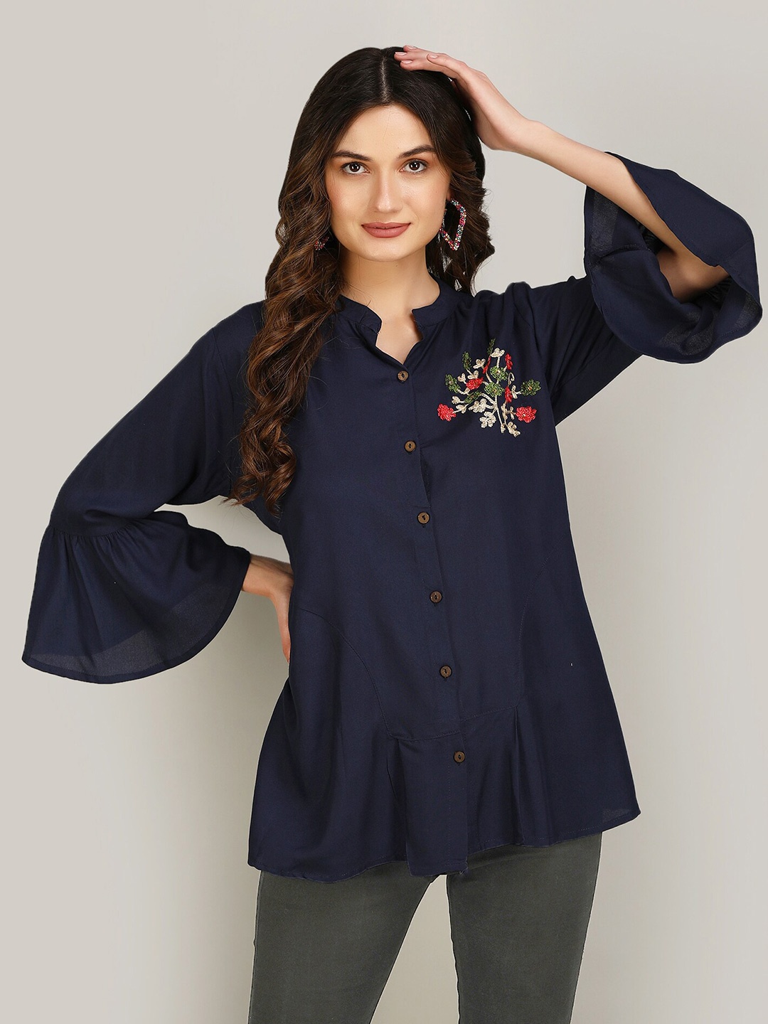 

MANKSH Floral Embroidered Shirt Style Top, Blue