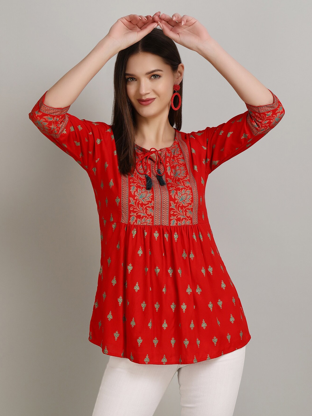 

MANKSH Ethnic Motifs Printed Kurti, Red