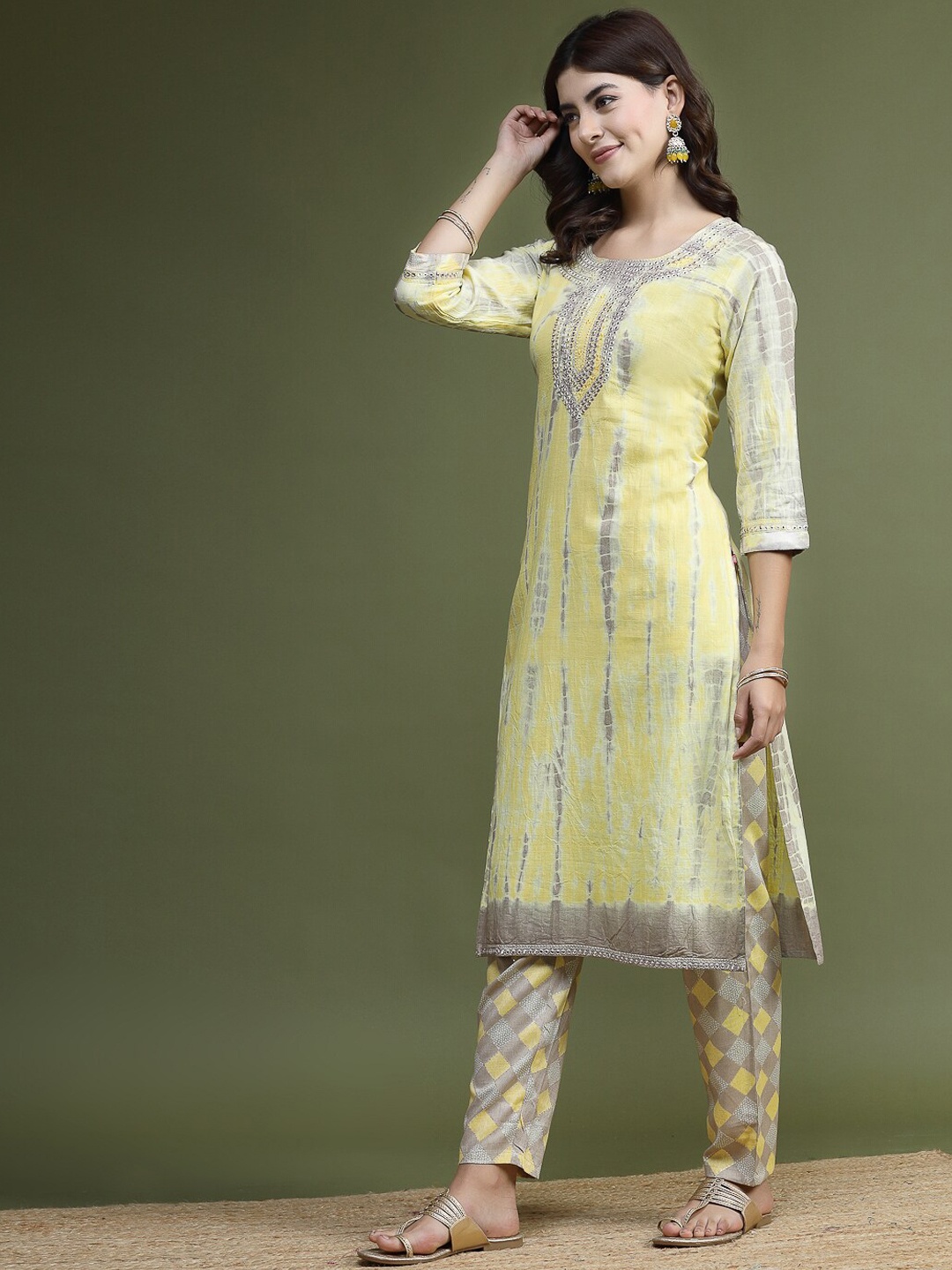 

Sangria Yellow Dyed Shibori Mirror Work Pure Cotton Kurta With Trousers