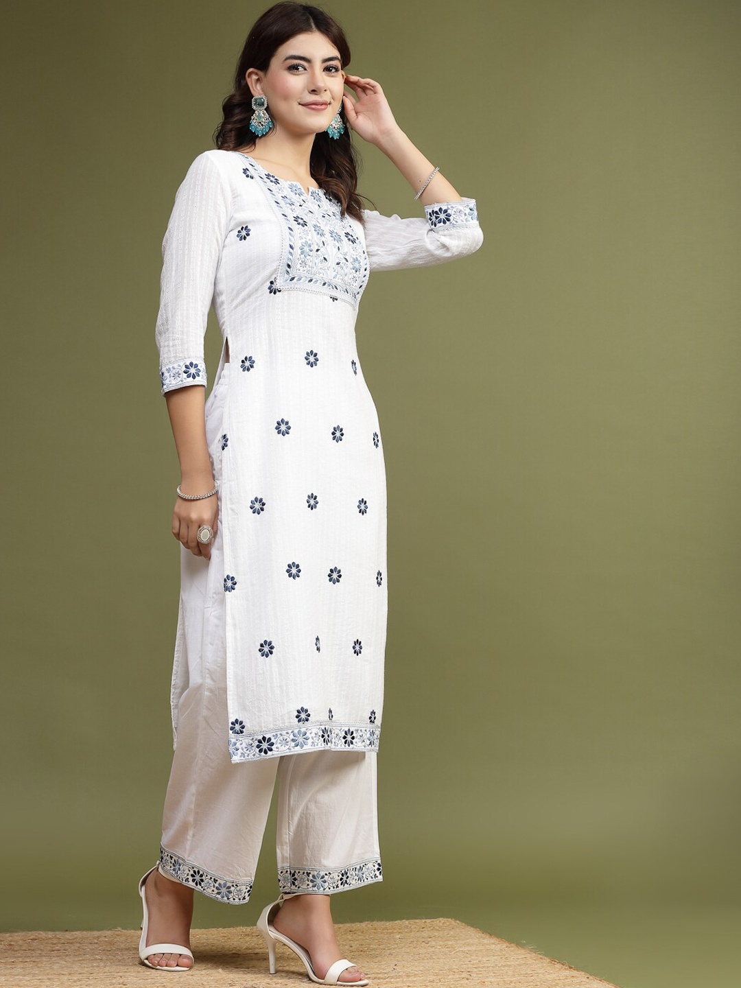 

Sangria White Floral Embroidered Pure Cotton Kurta With Palazzos