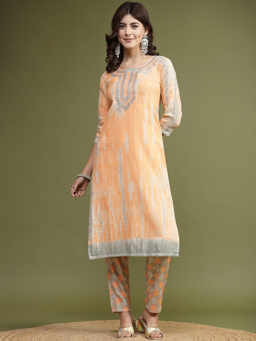 

Sangria Orange Dyed Shibori Mirror Work Pure Cotton Kurta With Trousers