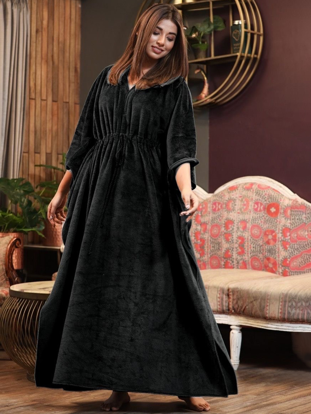

FEATHERS CLOSET Kaftan Maxi Nightdress, Black