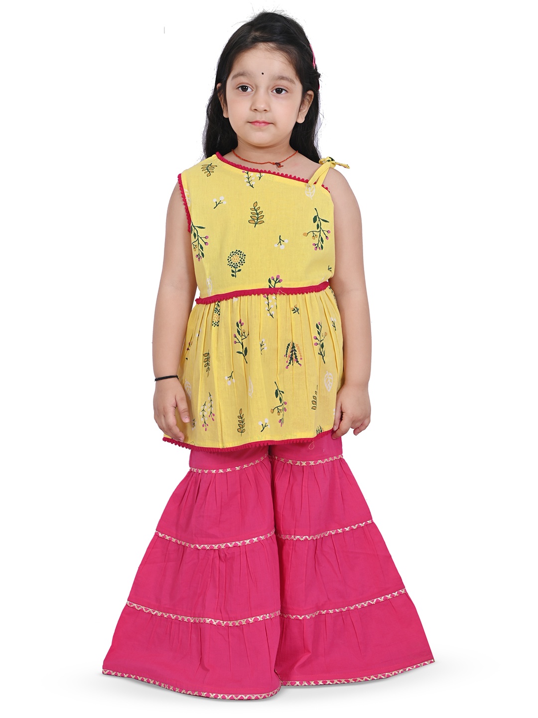 

BAESD Girls Floral Printed Gotta Patti Pure Cotton Kurti with Sharara, Yellow