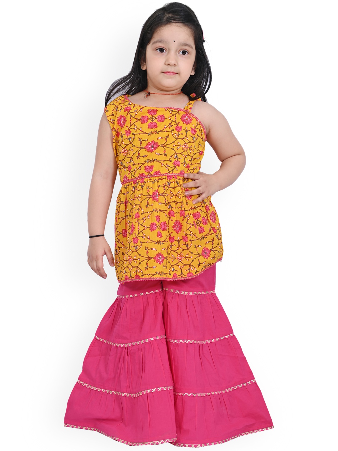 

BAESD Girls Floral Printed Gotta Patti Pure Cotton Kurti with Sharara, Yellow