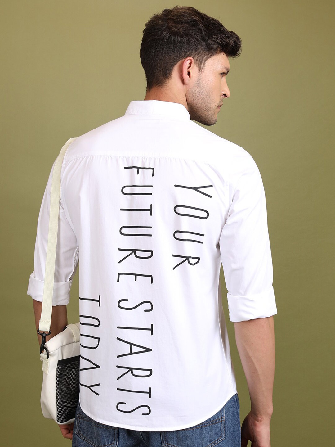 

KETCH Typography Printed Spread Collar Long Sleeves Slim Fit Cotton Casual Shirt, White